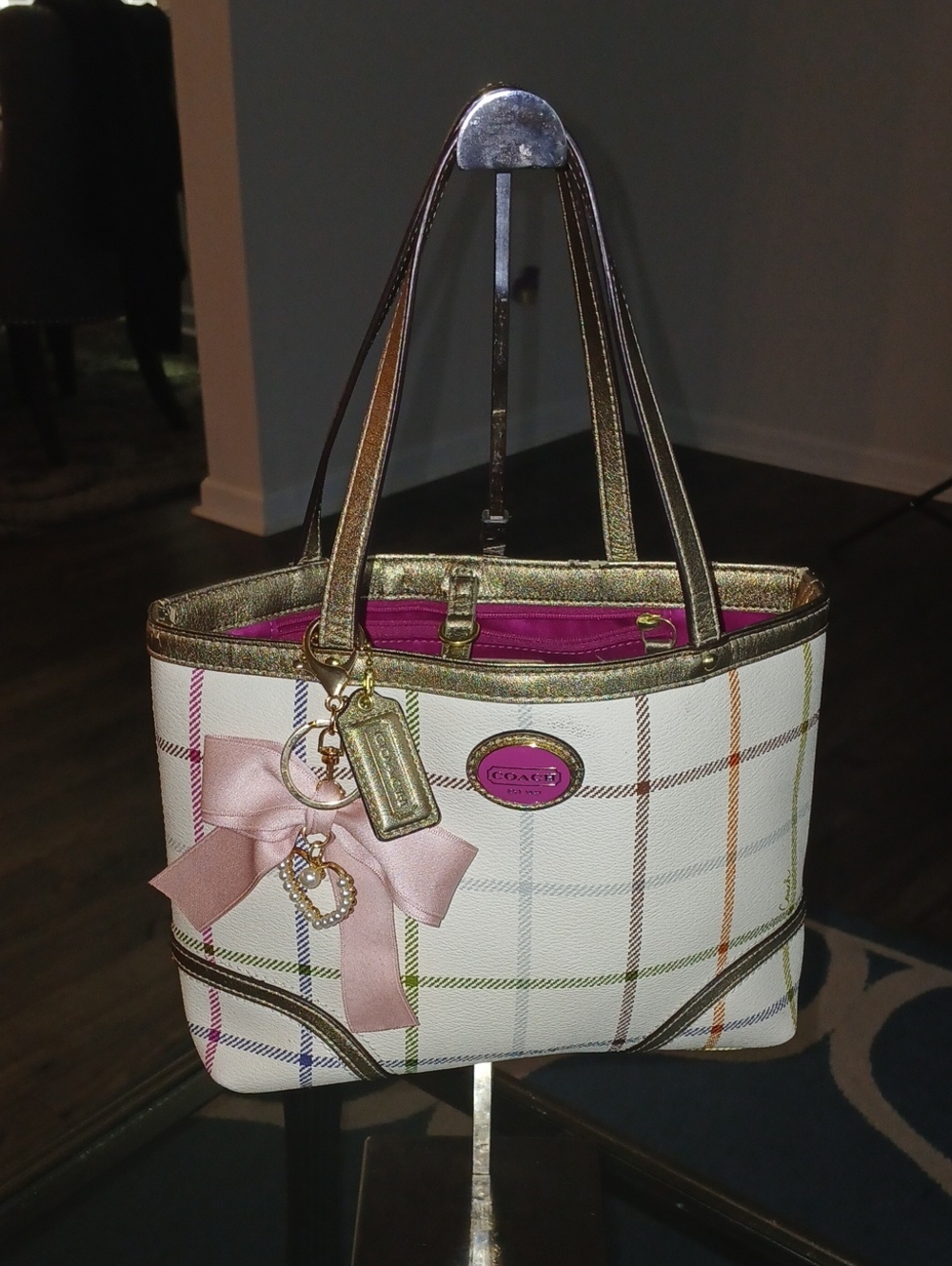 Coach  Tattersall Cream Plaid Tote with Pink Bow and Gold Trim
